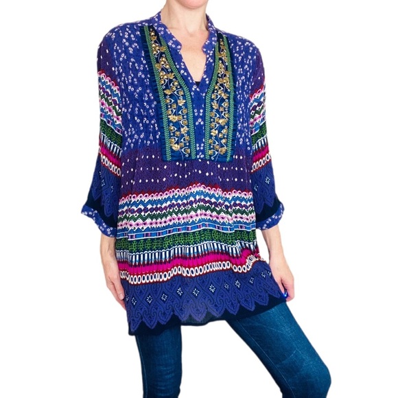 NWT Dress Barn Purple Colorful Tribal Bohemian Metal Gems Blouse - Picture 1 of 7